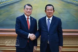越南政府总理黎明兴会见柬埔寨人民党主席、参议院主席洪森。图自越通社