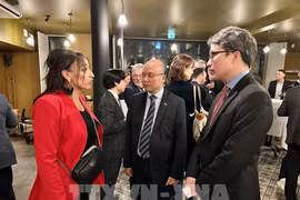 越南驻法国大使丁全胜与各家企业家交谈。图自越通社