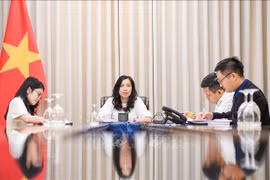 越南外交部副部长黎氏秋姮同吉尔吉斯斯坦外交部副部长阿巴基罗夫通电话。图自越通社