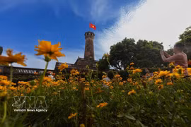 越南国旗在河内旗台上飘扬。图自越通社