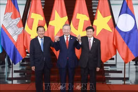 越共中央总书记苏林在胡志明市与柬埔寨人民党主席、参议院主席洪森和老挝人民革命党中央总书记、国家主席通伦·西苏里共同举行高层会晤。图自越通社