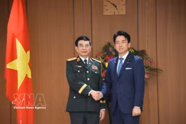 越南政府副总理、国防部部长潘文江大将和日本防卫大臣小泉进次郎。图自越通社