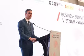 西班牙首相佩德罗·桑切斯在越南与西班牙企业论坛上发表讲话。图自越通社