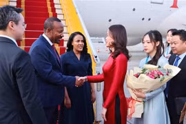 越南外交部副部长阮明姮到机场迎接埃塞俄比亚联邦民主共和国总理阿比·艾哈迈德·阿里。图自越通社