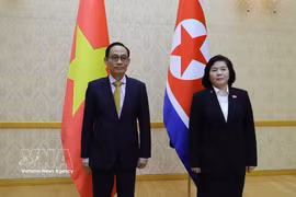 越共中央总书记、国家主席苏林特使，越共中央政治局委员、外交部部长黎怀忠同朝鲜劳动党中央委员会政治局委员、朝鲜国务委员会委员、朝鲜外务相崔善姬举行会谈。图自越通社