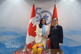 越共中央政治局委员、外交部长黎怀忠会见加拿大外长阿南德。图自越通社
