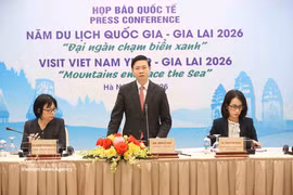 越南外交部与嘉莱省人民委员会在河内联合举行国际媒体吹风会。图自越通社