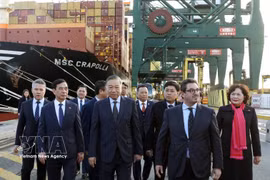 越共中央总书记、国家主席苏林造访比利时安特卫普-布鲁日港。图自越通社