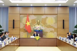 越南国会副主席阮鸿延在河内会见欧盟商会代表团。图自越通社