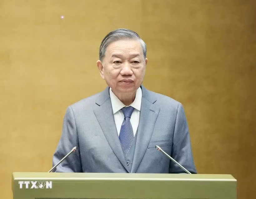 越共中央总书记苏林在会议上发表讲话。图自越通社