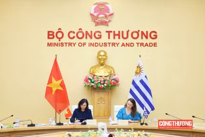 越南工贸部副部长潘氏胜与乌拉圭外交部副部长瓦莱里娅·楚卡西（Valeria Csukasi）共同主持会议。图自越通社