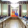 越共中央总书记、国家主席苏林会见俄罗斯总理米哈伊尔·米舒斯京。图自越通社