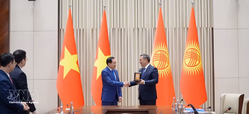 吉尔吉斯共和国总统萨德尔·扎帕罗夫（Sadyr Japarov，右）向ROX Group创始人兼主席、海越股份商业银行（MSB）董事会主席陈英俊颁发“友谊勋章”（Dostuk Medal），表彰其为推动越南与吉尔吉斯斯坦投资合作作出的重要贡献。图自越通社