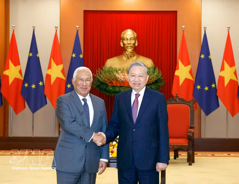 越共中央总书记、国家主席苏林会见欧洲理事会主席安东尼奥·科斯塔（2026年1月）。图自越通社