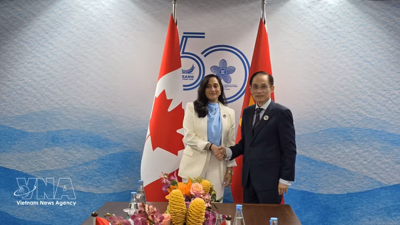越共中央政治局委员、外交部长黎怀忠会见加拿大外长阿南德。图自越通社