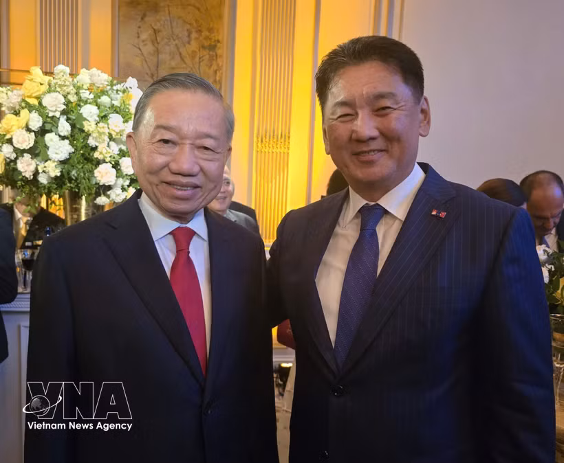 越共中央总书记、国家主席苏林会见蒙古国总统乌赫那·呼日勒苏赫。图自越通社