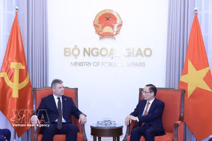 越南外交部长黎怀忠在河内会见正在对越南进行工作访问的捷克和摩拉维亚共产党主席罗曼·劳恩。图自越通社