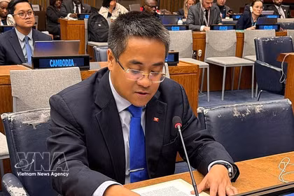 越南常驻联合国代表团副团长阮海流公使代表东盟在联合国大会第四委员会就原子辐射影响发言。图自越通社