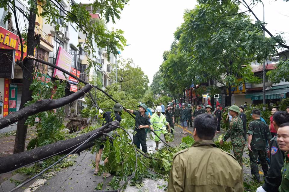 首都河内各职能力量迅速行动，抢修道路、清理倒伏的树木和清运垃圾。图自越通社