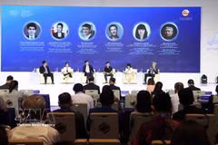 出席“重新定位越南和东盟在全球价值链中的地位”分论坛的各位代表。图片：越通社