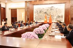 越共中央委员、政府副总理梅文政9月16日在中国南宁会见了中华人民共和国副主席韩正。图自越通社