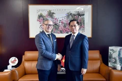 越南副总理兼外长裴青山会见老挝外交部长通沙万。图自越通社