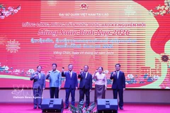 越南驻老挝大使与老挝党和国家领导共同举杯，庆祝农历丙午马年新春。图自越通社