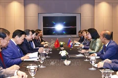 越南国会主席陈青敏会见柬埔寨国会主席昆索达莉。图自越通社