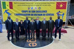 陈国庆大使率领的代表团和世界越武道联合会主席梅友信参加2025年越南驻塞内加尔大使杯越武道决赛。图自越通社