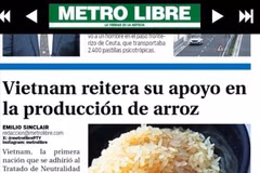 巴拿马《自由都市报》（Metro Libre）9月1日报道称，越南重申愿支持巴拿马实施各项农业发展项目，旨在提升水稻产量。屏幕截图