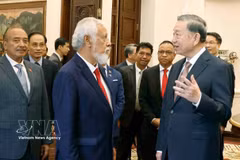 越共中央总书记、国家主席苏林和东帝汶总理夏纳纳·古斯芒。图自越通社