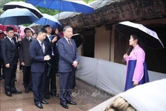 苏林总书记和越南高级代表团前往万景台，参观金日成主席的故乡。图自越通社