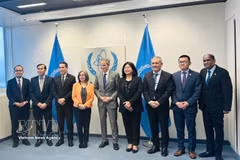 国际原子能机构（IAEA）总干事拉斐尔·格罗西（Rafael Grossi）和东盟各国驻奥地利维也纳大使及代表团团长合影。图自越通社