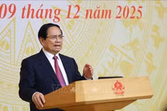 越南政府总理范明政发表讲话。图自越通社