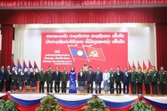 越南国家副主席武氏映春和老挝国家副主席巴妮·雅陶都以及两国代表合影。图自越通社