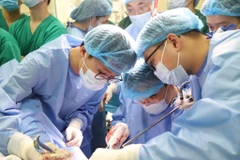 医生们演示妇科癌症治疗中经阴道自然腔道经腔内镜手术。K医院供图