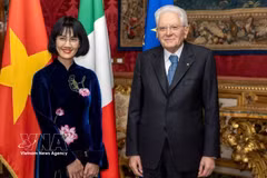 越南驻意大利共和国特命全权大使阮方英向意大利总统塞尔焦·马塔雷拉递交了国书。图自越通社