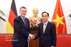 越共中央政治局委员、外交部长黎怀忠会见德国外交部国务秘书格扎·安德烈亚斯·冯·盖尔。图自越通社