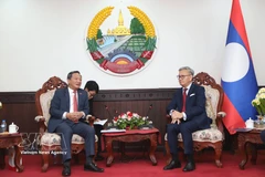 值此老挝第九届国会批准老挝外交部长通沙万·丰威汉出任老挝政府副总理之际，3月23日，越南驻老挝大使阮明心率大使馆代表团前来祝贺。图自越通社