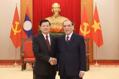 原越共中央总书记农德孟会见老挝人民革命党中央总书记、国家主席通伦。图自baochinhphu.vn