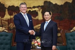 越南政府副总理裴青山会见欧盟委员会负责贸易和经济安全事务委员马罗什·谢夫乔维奇。图自越通社