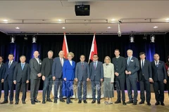 越南内务部副部长武战胜与越南驻奥地利大使武黎泰黄和两国代表合影。图自越通社