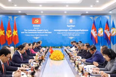 越共中央政治局与柬埔寨人民党中央常务委员会举行会晤。图自越通社