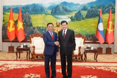 越共中央政治局委员、中央书记处常务书记陈锦秀会见老挝人民革命党中央总书记、国家主席通伦·西苏里。图自越通社