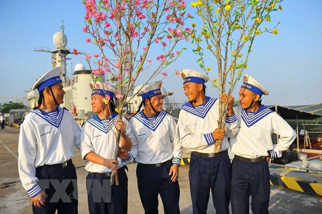 桃花枝和梅花枝寄托着陆地上军民对在捍卫祖国海洋岛屿的干部战士的深刻感情。图自越通社