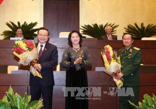  越南国会主席阮氏金银向两位新任国会副主席送鲜花表示祝贺。