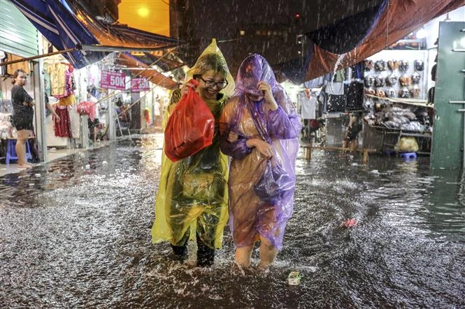 首都河内遭遇强降雨，市内多地积水严重，多条街道被淹。图为：绿色集市被淹。越通社记者 明山 摄