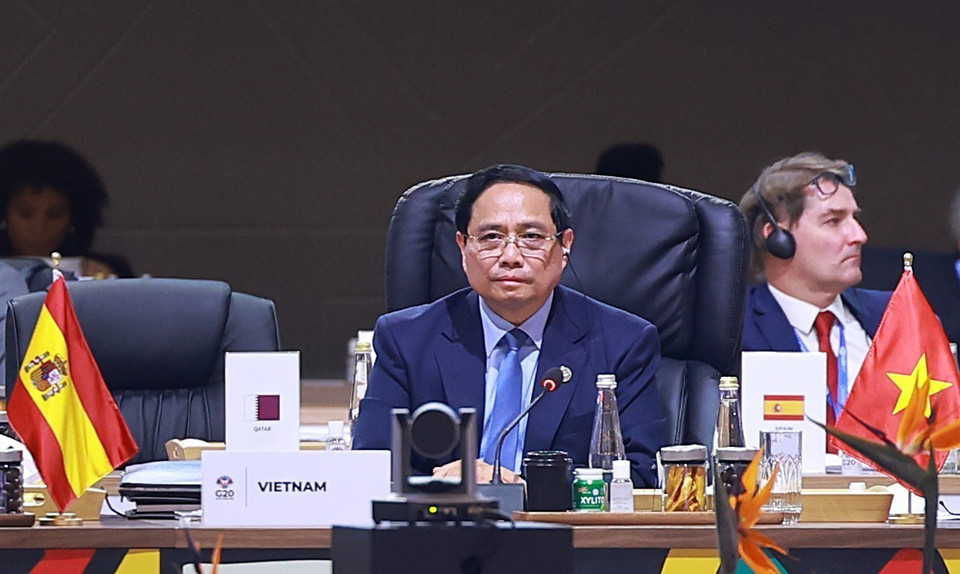 越南政府总理范明政出席并在G20峰会全体会议上发表讲话。图自越通社