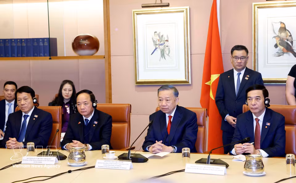 越共中央总书记、国家主席苏林及越南代表团成员出席与澳大利亚总理安东尼·阿尔巴尼斯的会谈。 图自越通社