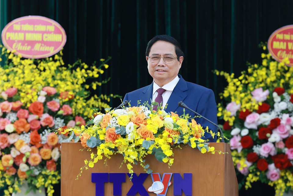 政府总理范明政在越南共产党越通社机关第27次代表大会(2025—2030年任期)上发表讲话。图自越通社